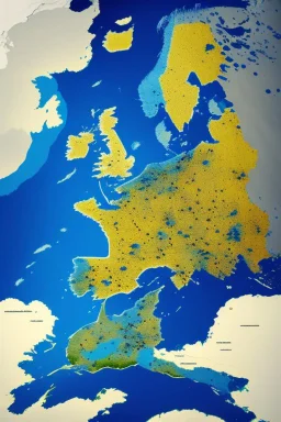 European countries are viewed from space, roads, cities, signs are visible. Highlight the names of the countries on the map. The clouds are naturalistic