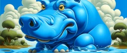 A blue water elemental hippopotamus designed in Chinese paper art painted by Thomas Hart Benton