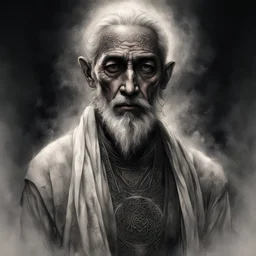 (((nighttime))), (((dark tones))), (((black filter))), (dark outside), Luis Royo-style illustration of a islamic old man figure, (((slim frame that exudes confidence and resilience))), intricate full sleeve tattoo, (tetradic color combination), 32k resolution, best quality, gaze into the camera, white light. by Lekrot. (((fully clothed))),