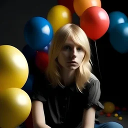 Melancholy blond woman covered with balloons