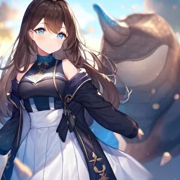 Clear focus, High resolution, Long fluffy brown hair, blue eyes, wearing a white skirt and a black turtle neck, detailed outfit, wearing a jacket oversized off shoulder, rough line