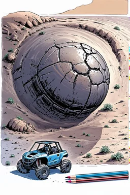 High-altitude lunar reconnaissance satellite image of a young impact crater with larger regolith along right ride. A massive damaged metallic alien sphere with fracture lines like an egg. organic growth across regolith and up crater walls. Along the lower frame edge a small modern barebones lunar atv sits near the rim with visible wheel tracks. comic page pencils