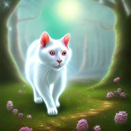 White cat walking in psychedelic forest