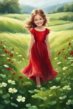 Adorable digital painting of a beautiful little girl in a gorgeous red dress smiling in a field surrounded by clover, high quality