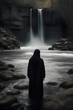 sad girl in black standing on the bank of a torrent of river and waterfall from far away gothic theme