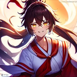 Clear focus, 8k, beautiful lighting, vibrant colors, girl, white long hair, vibrant golden eyes, messy hair, hair in between the eyes, laughing, angry, miko, ponytail,