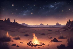 nighttime desert scene, campfire, stars, constellations, mystical