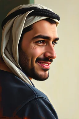 A young Palestinian man, forty years old, wearing a keffiyeh, has a beautiful face, turns his face to the right, has a slight smile, his mouth is closed and his teeth are not visible, his eyes are looking to the left, he appears to be drawn with oil paints