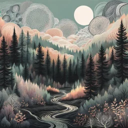 Intricate patterns on a forest landscape, sinister scribbles, pastel colors