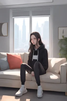 A portrait of a scared woman with long ((brown hair)) without bangs, ((red eyes)), pale skin; wearing a long-sleeved black sweatshirt; sitting on a couch; modern living room setting; By artist "anime", 3d anime art, inspired by WLOP, Artstation, #genshinimpact pixiv, extremely detailed, aesthetic, concept art, ultrafine detail, 8k resolution, vray tracing
