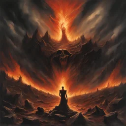 Title: "Infernal Descent" The album cover portrays a dead human amidst a tumultuous scene of despair. with an expression of agony, the human is besieged by sinister demons in a dark, fiery landscape. Flames lick at jagged rocks, while ominous clouds loom overhead. The demons exude malevolent energy as they torment their celestial victim.