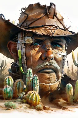 The old Cowboy of the Desert, double exposure cowboy face formed by a old weatheredmud hut with cactus and tumbleweeds around it, watercolor by Jean-Baptiste Monge and Yossi Kotler, Modifiers: sharp focus extremely detailed intricate oil on canvas portrait hyperrealistic high definition crisp quality