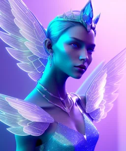 A crystalised queen, atmospheric, realistic, unreal engine, cinematic lighting, octane render. blue, pink, transparency, light, shine,bright, full body, transparent wings, blonde, long hair, nice smile