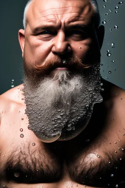 close up photography, dirty burly russian ugly strong chubby 56 years old man, bullneck, milk falling from above, splashing and dripping milk in the face, milk dripping on the beard, with dirty tank top, tattoo, serious eyes, manly chest, 35mm lens, natural light