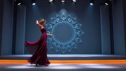 modern stage with gray-blue theme artistic decoration , color full dynamic lighting, a beautiful lady in modern maxy dark purple red dress with shining silver jwells dancing, 3D recursive fractal structure animating background