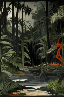 A black mysterious jungle with crocodiles painted by Raymond Duchamp-Villon