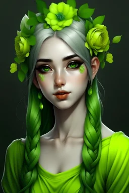 elf girl with lime green hair in a PONYTAIL with flowers and gray eyes