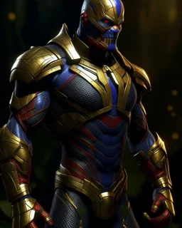 The combination of spider man and Thanos A brave warrior with a battle suit made of leather and robotic metal