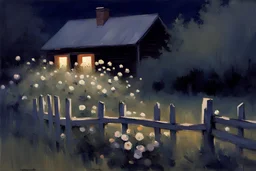 Night, flowers, garden, fence, distant cabin, theodore robinson impressionism painting