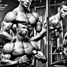 man with muscles doing fitness in a fitness studio, black and white only, lots of details, realistic