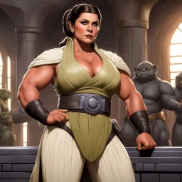 over muscular Princess Leia in her iconic Jabba's servant outfit with gigantic biceps with veins in the training room