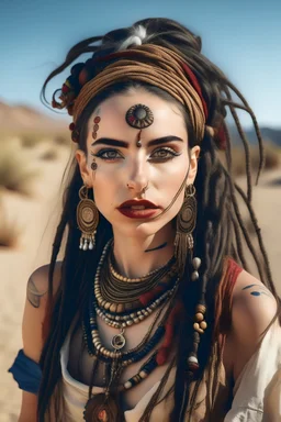 Portrait of Arabic girl on the desert, in dreadlocks and turban, heavy makeup, loads of jewellery, painted in style of Frida Khalo