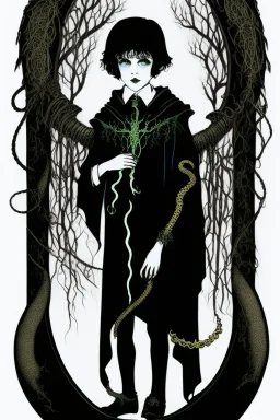7 year old boy, necromancer, friendly, looks dead,with a lamprey serpent , wearing black robes, in the style of Harry Clarke