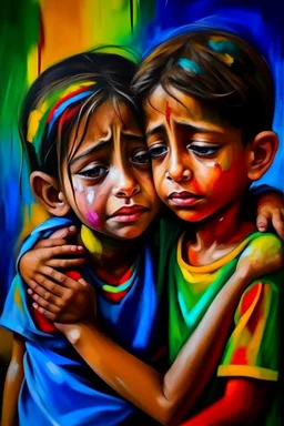 a girl hug her brother and both crying sadly, expressionism, Pixar style, in abstract art Basquiat, Picasso, Miro, Kandinsky, Klee, Birell, Fairey, Ardon, Buffet and Picasso style, HD --s 750 --v 5.1 --style raw, water color