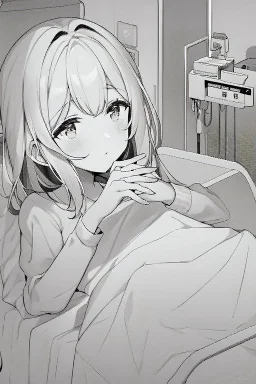 girl in bed, hospital patient room, greyscale