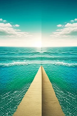 The ocean is divided into two and the infinite road appears. On both sides of the road, the sea water flows backwards like a waterfall.