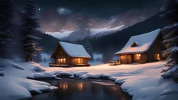 a cabin at night with snowy hills a small river at night and a cozy cabin in nature .