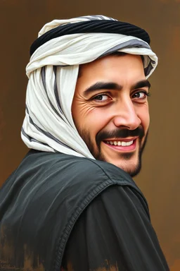 A Palestinian man, thirty years old, wearing a keffiyeh, has a beautiful face, turns his face to the right, has a slight smile, his mouth is closed and his teeth are not visible, his eyes are looking to the left, he appears to be drawn with oil paints