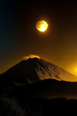 The moon bathing in golden rays on the Naugarduk mountain.