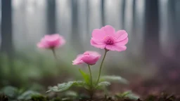 mini pink flower in the forest, fog,low light, close-up, blurred background