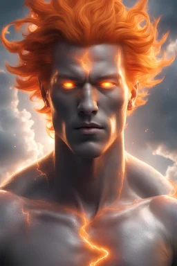 a slim muscular god with galaxy's in his eyes, glowing orange hair that looks like it's made of the sun, a light gray body made of clouds with glowing cracks of orange within it in cloud patterns. lightning crawls up his face. necklace made of water. realistic 4k