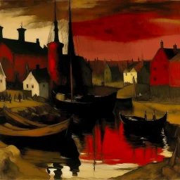 A dark red village with a port painted by Edgar Degas