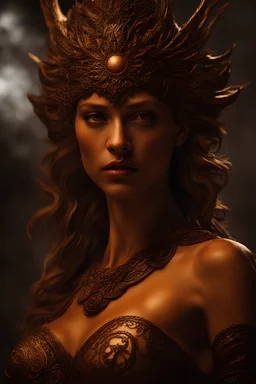 A visual masterpiece of a bust of a light brown-haired beautiful female torch, her skin and hair is on fire at a mysterious scene, land of the forgotten, Fire eyes, Low-key lighting, intricate details, photo, 32k, With perfect lighting and composition, captured by a professional photographer using a high-end camera for photorealistic quality and intricate details, highly detailed hair + cinematic shot, glamour photography, Canon EOS 5D Mark IV DSLR camera, EF 50mm f/ 1. 8 STM lens, Resolution 30