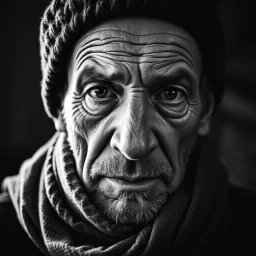 Fotografia in bianco e nero che ritrae un uomo in primo piano. L’immagine è molto intensa, con una forte carica espressiva. Il soggetto indossa un berretto di lana e una sciarpa avvolta intorno al collo, mentre il suo volto, segnato da rughe e linee d’espressione, comunica una storia vissuta, forse di fatica, resistenza o saggezza. Max Ernst. La luce proviene da sinistra e crea un forte contrasto, evidenziando le texture della pelle, dei vestiti e dei tessuti, mentre l’altro lato del viso resta