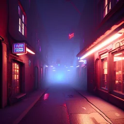 liquor store ,alleyway , street view, night time , unity, scriptable render pipeline , lighting , volumetric , global illumination, fog ,red emission , purple tone.