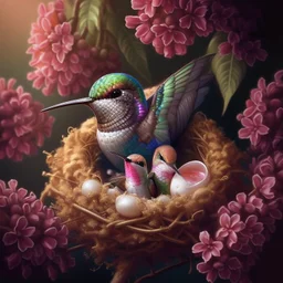 Create an incredible image in the Anne Geddes art style with 2 cute baby ruby throated hummingbirds sitting on the nest in a lilac bush branch, next to the baby hummingbirds is a broken shell of one egg, as if it had just hatched from the egg. Mother hummingbird in the nest looking calm at the 2 baby hummingbirds. the nest is inside a beautiful flowering lilac branch. A masterpiece, a high-quality photo taken at exactly the right moment for an award-winning photo. bokeh Nikon D850 hig