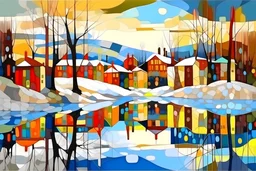 Landscape , winter, lit village, sunrise, lake, snow, bright, cottonwood trees, old buildings, reflections, w , high detail,4k, in style of Wassily Kandinsky
