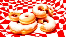 just Sugar-coated fluffy no holes Donuts lies on a red Checkered Cloth, high realistic, detalied, random background, perfect food Photo