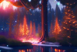 lightning sparkling christmas lights in forest, on lakeside in sunshine detailed matte painting, deep color, fantastical, intricate detail, splash screen, complementary colors, fantasy concept art, 8k resolution trending on Artstation Unreal Engine 5