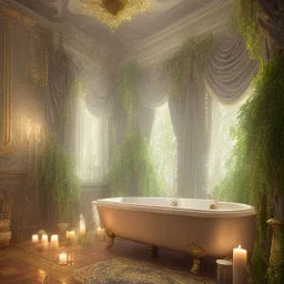 a gorgeous, stunning spa with gauzy curtains, ornate bath, dark wood floor, decorative foliage, plants, candles, flowers, tranquil, 8k resolution, high-quality, fine-detail, digital art, detailed matte, volumetric lighting, illustration, 3D octane render, brian froud, howard lyon, selina french, annie stokes, lisa parker, greg rutowski,