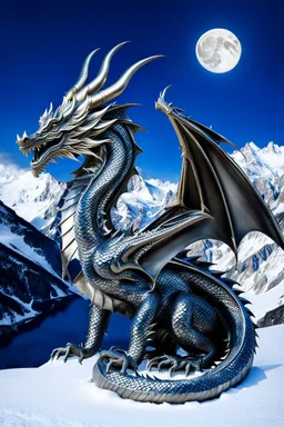 a weird beautiful metallic dragon sculpture sitting on the snow. The dragon sculpture looking the full moon on the dark sky. the high artistic nature of the animal sculpture and the serene atmosphere of the snow and high winter mountains setting. stunning, high detailed