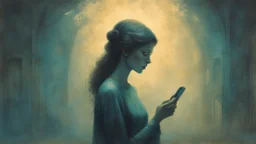 woman, soft lighting, elegant, detailed, vintage style, cool tones, holding phone, art by Zdzislaw Beksinski