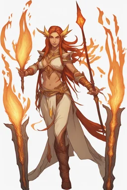 Female eladrin fire druid. Long hair with fire texture and golden vibes. Big red fire eyes. Skin color is tanned. Has a crossbow. She makes fire with her hands