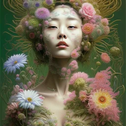 a painting of a woman surrounded by flowers, a surrealist painting, by Ikuo Hirayama, naotto hattori, detailed face with mask, draped in rich green and pink, gong li, ayami kojima and yoshitaka amano, alexey egorov, stems, (collage), hiromasa ogura, yang qi --ar 2:3