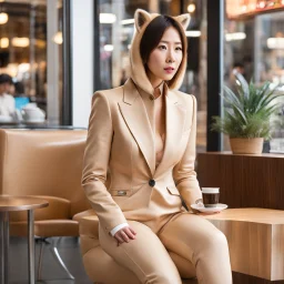 [cougar head] At a coffee shop in a shopping district. A Japanese actress tries on a cougar suit, she has a wild cougar head. The actress in a cougar suit with a cougar head sit inside and drink coffee. The actress's limbs are realistic, and the material is beige Lycra. View from the side.