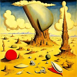 Strange objects of various shapes, scattered over a place, clouds, Max Ernst, Audubon, Amano, Walton Ford, Yves Tanguy